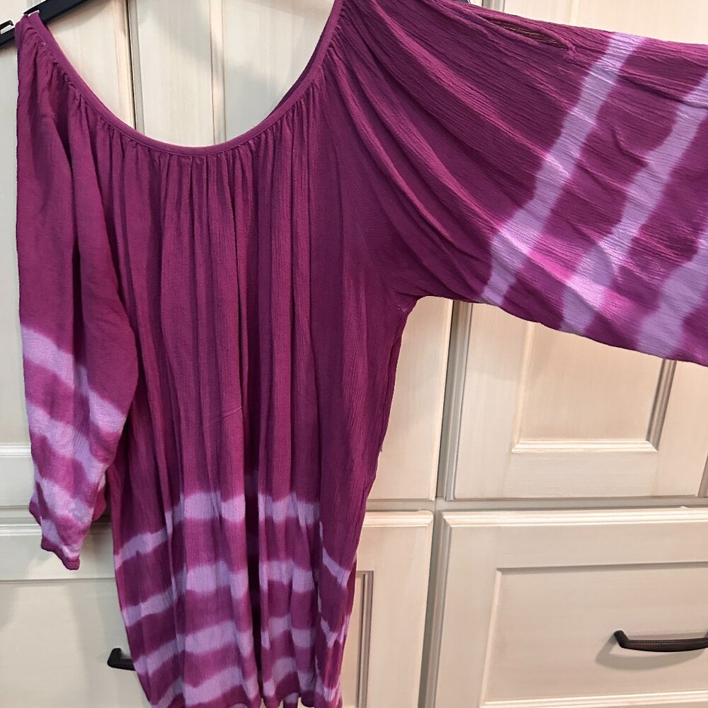 Soft Surroundings Purple Tie Dye Cold Shoulder Oversized Rayon Tunic Top
